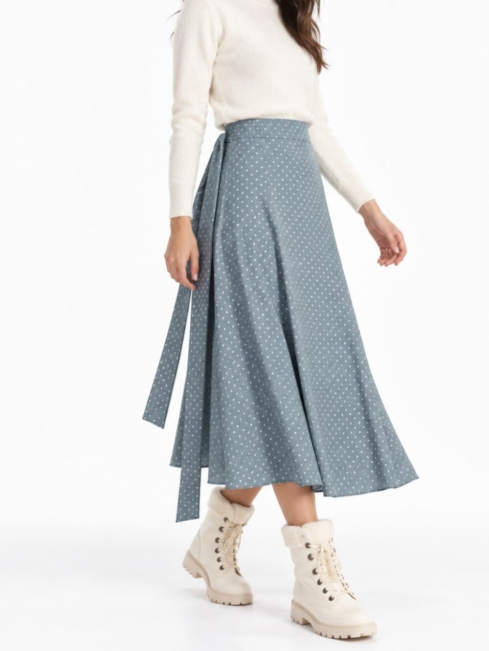 VOVK Made in Ukraine Blue Polka Dot Tie Waist Midi Skirt Size M